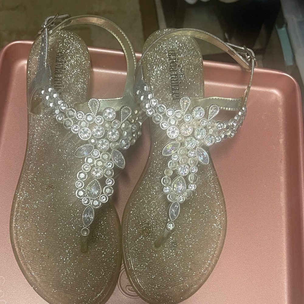 Olivia Miller Gold Jeweled T-Strap Sandals